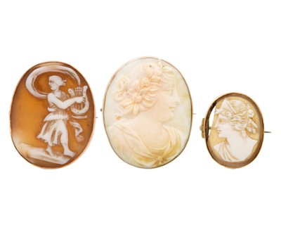 Lot 180 - A selection of three shell cameo brooches set in 9k gold.