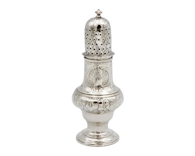Lot 119 - A George III silver muffineer with bright cut decoration by Thomas Daniel.