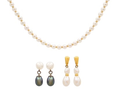 Lot 195 - A cultured pearl necklace with a matching pair of earrings, and another pair of cultured pearl earrings.