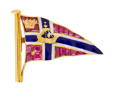 Lot 188 - BENZIE OF COWES - A high-purity gold ruby, and enamel yacht brooch for Royal Lymington Yacht Club.