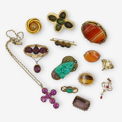 Lot 27 - A selection of antique yellow metal brooches and scarab beetle brooches.
