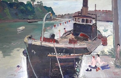 Lot 165 - Fred YATES (1922-2008) Boat and Bathers Oil on...