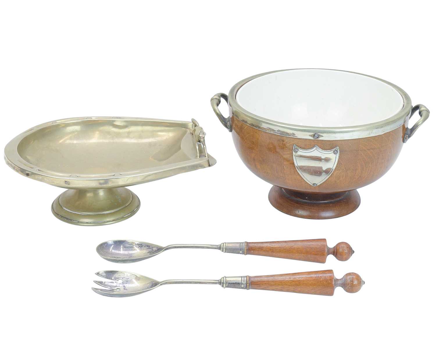 Lot 70 - An oak salad bowl with silver plated metal mounts and twin handles.