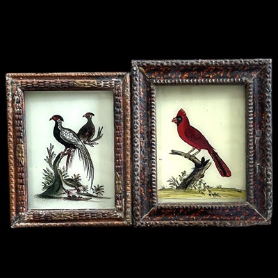 Lot 136 - Two Indian antique reverse-painted birds on...