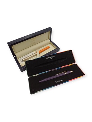 Lot 195 - ASPINAL OF LONDON silver and leather ballpoint pen with Paul Smith Carand'ache ballpoint pen.