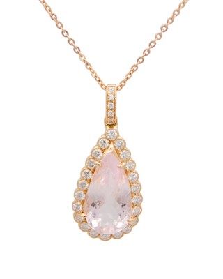 Lot 69 - An 18k rose gold morganite and diamond pendant on a gold-plated silver cable chain.