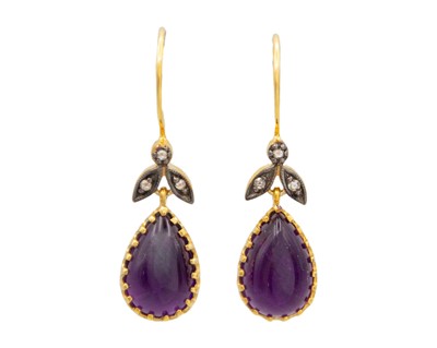Lot 81 - A pair of 9k gold and silver amethyst and diamond pendant earrings.