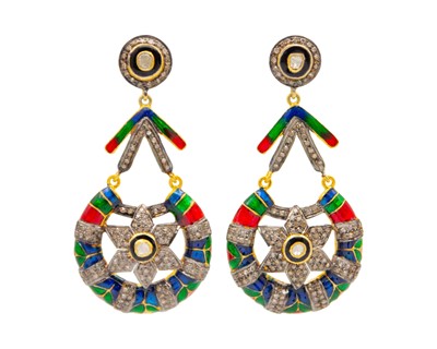 Lot 84 - A silver gilt diamond and enamel pendant earrings.