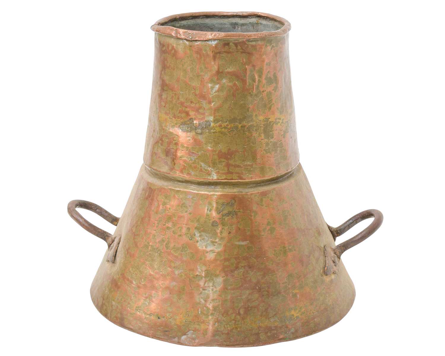 Lot 86 - An Eastern copper vessel with twin wrought iron handles.