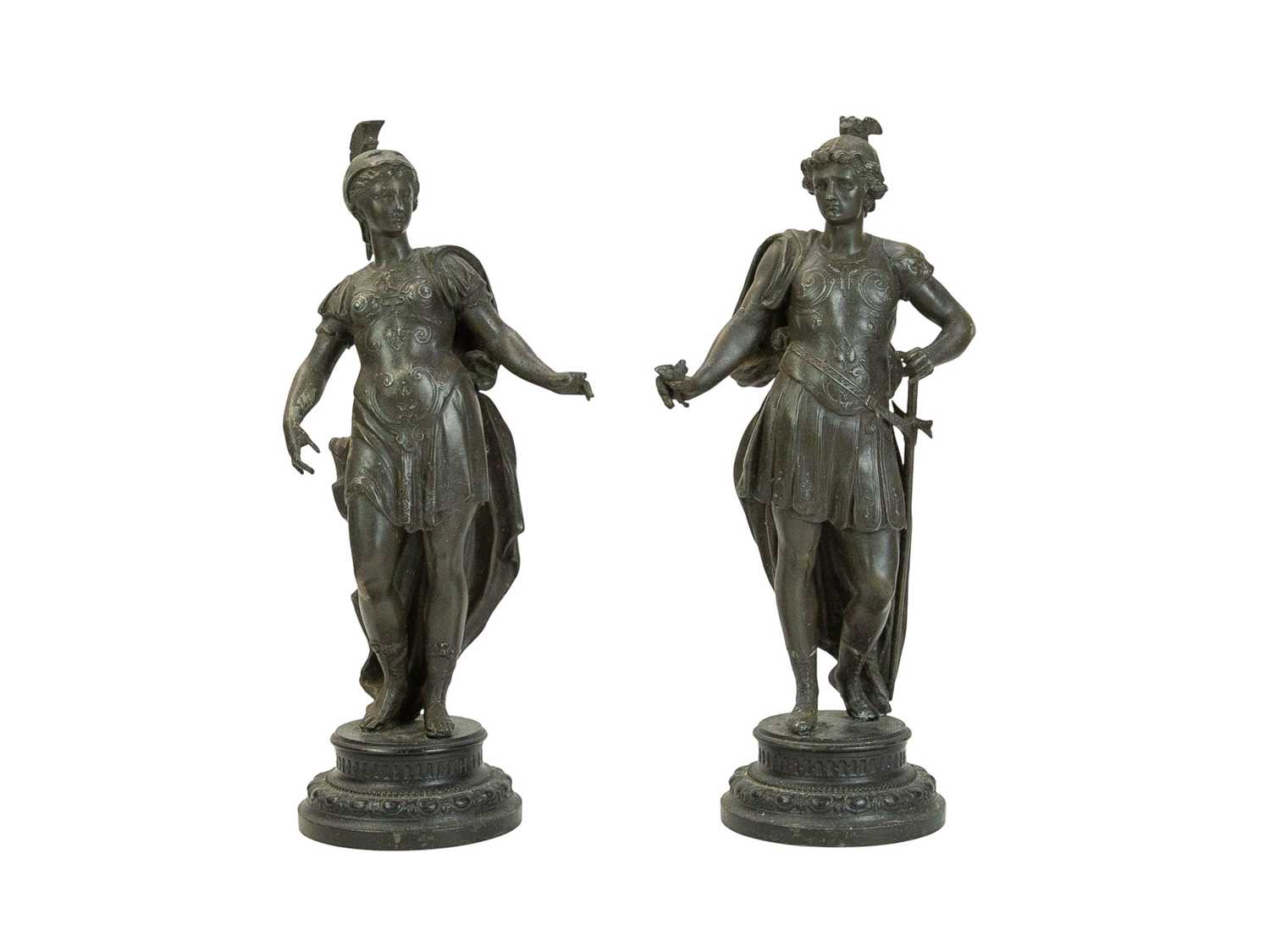 Lot 41 - A pair of late 19th/early 20th century bronzed spelter figures depicting Minerva and Apollo.