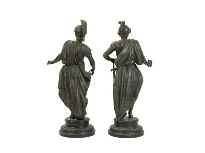 Lot 41 - A pair of late 19th/early 20th century bronzed spelter figures depicting Minerva and Apollo.