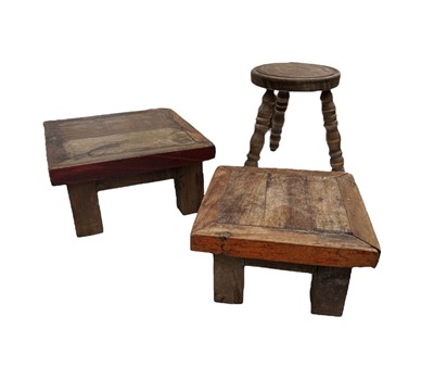 Lot 196 - Three vintage wooden stools, the tallest is 22cm.