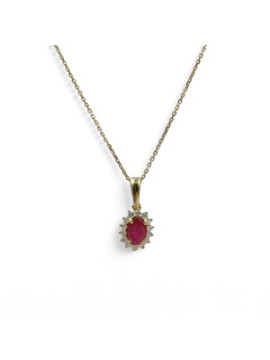Lot 111 - A 9k gold ruby and diamond cluster pendant necklace.