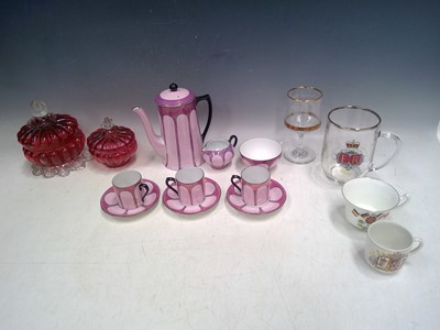 Lot 77 - A Czechoslovakian Coffee Set, Two Cranberry...