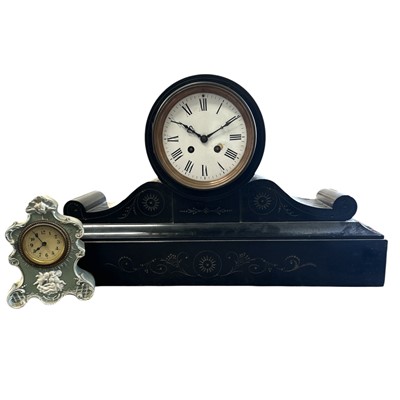 Lot 85 - A Victorian slate mantel clock, 51cm wide and...