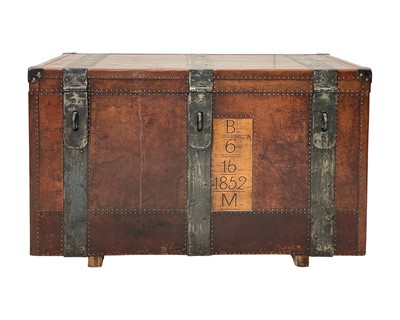 Lot 791 - A 19th century leather and iron bound trunk.