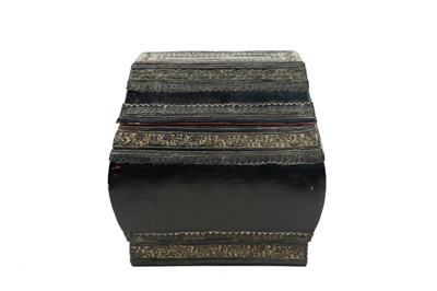 Lot 383 - A Burmese black lacquer box with thayo work decoration.