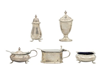 Lot 164 - A selection of five hallmarked silver cruets and a salt spoon.