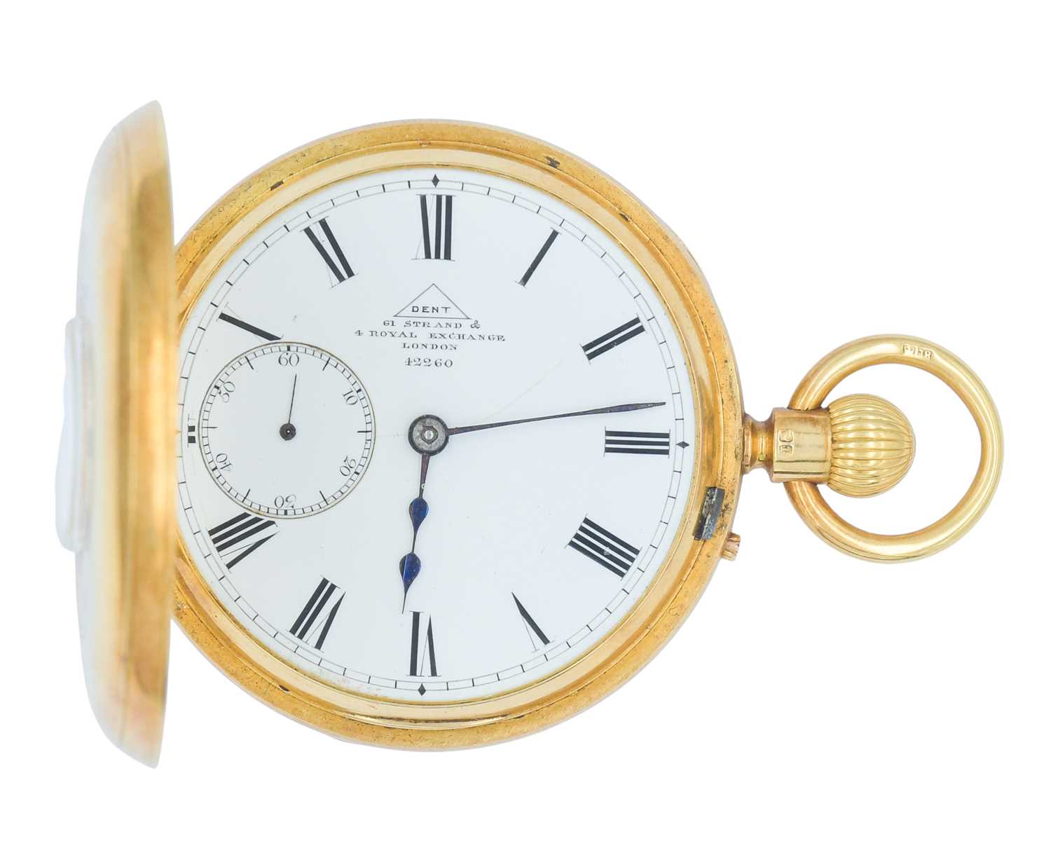 Lot DENT - A good Victorian 18k keyless wind half-hunter lever pocket watch.