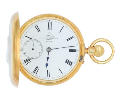 Lot DENT - A good Victorian 18k keyless wind half-hunter lever pocket watch.