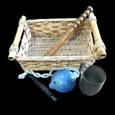 Lot 190 - A mixed lot of a wicker basket, two ocarinas,...