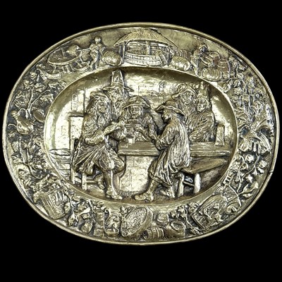 Lot 59 - A Victorian brass charger, marked "Teniers",...