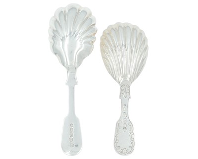 Lot 13 - Two Victorian provincial silver caddy spoons with shell bowls.