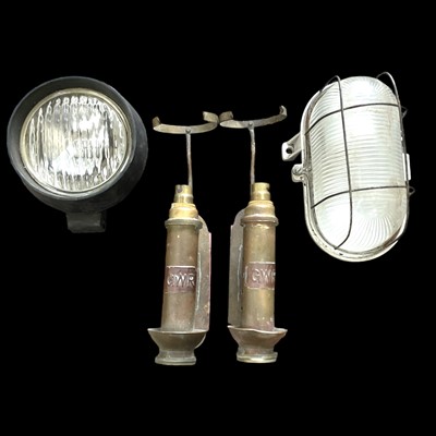 Lot 101 - Two brass wall lights with GWR plates, 23cm...