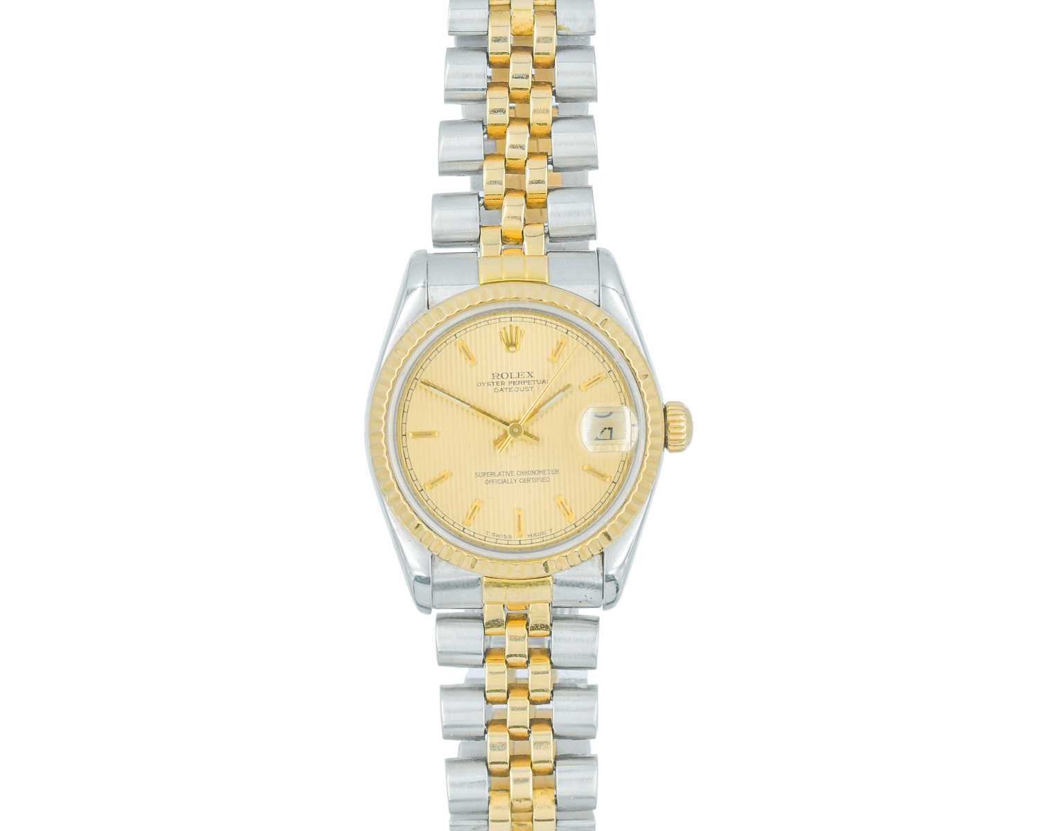 Lot 1057 - ROLEX - An Oyster Perpetual Datejust mid-size steel and gold bracelet wristwatch.