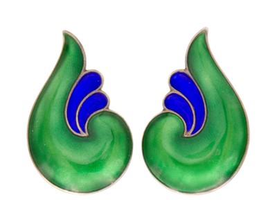 Lot 64 - DAVID ANDERSEN - A Norwegian pair of silver, green and blue enamel clip earrings.