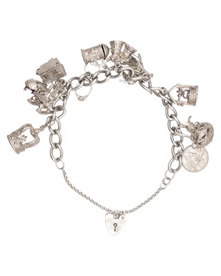 Lot 68 - A silver charm bracelet fitted with a padlock.