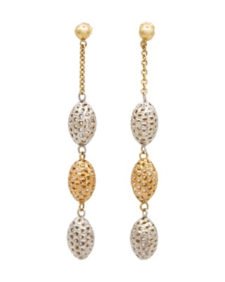 Lot 64 - A pair of 9k white with yellow gold pendant earrings.