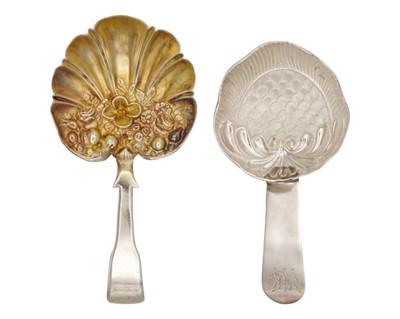 Lot 54 - Two George III silver ornate caddy spoons, both restored.