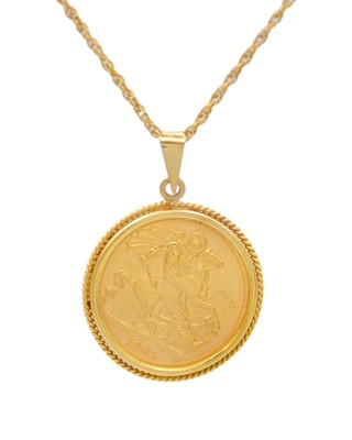 Lot 18 - A 1981 full sovereign coin mounted in a 9k gold pendant, on a 9k chain.