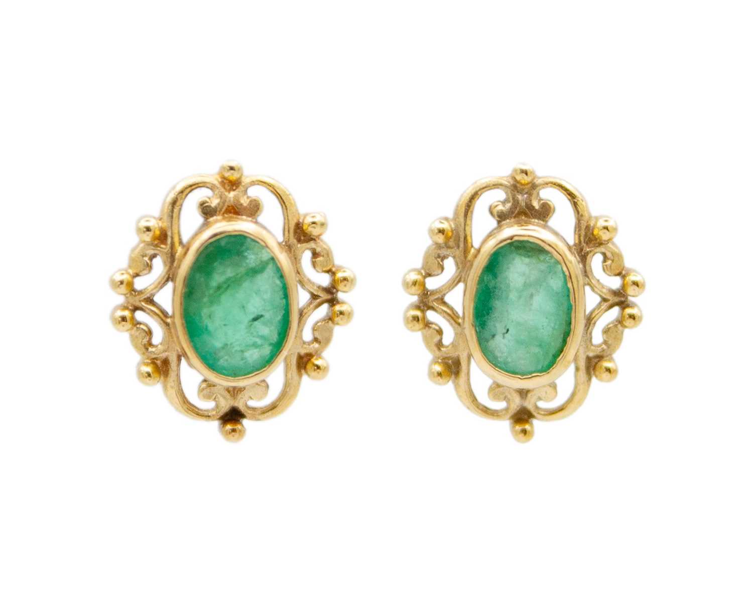 Lot 43 - A pair of 9k gold emerald stud earrings.