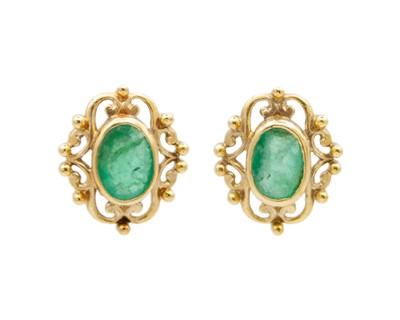 Lot 58 - A pair of 9k gold emerald stud earrings.