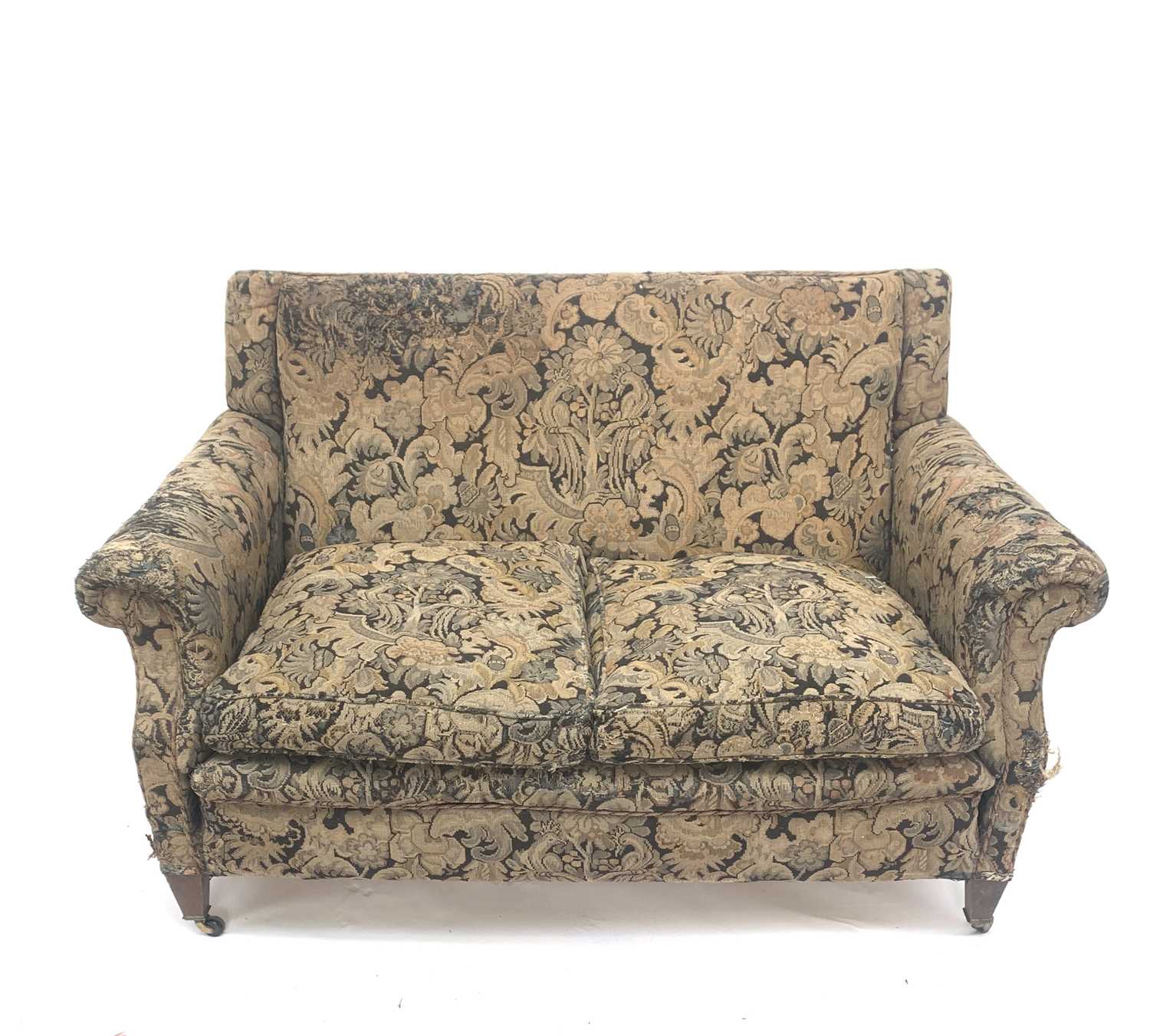 Lot 3134 - An Edwardian two seat upholsted sofa raised on...