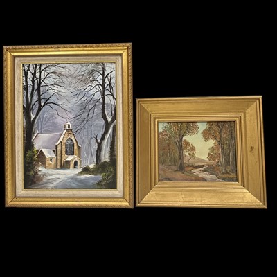 Lot 161 - Two oil paintings: the larger winter landscape...