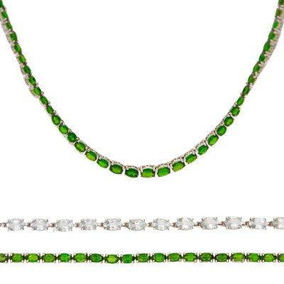 Lot 79 - A silver and green diopside line necklace with a matching bracelet, and an aquamarine line bracelet.