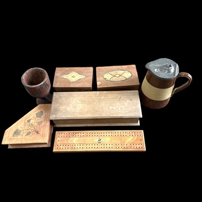 Lot 187 - A selection of wooden boxes, a cribbage board...