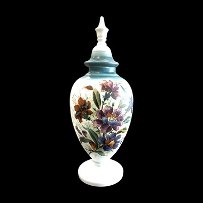 Lot 56 - A hand-painted opaline glass lidded vase, 50cm...