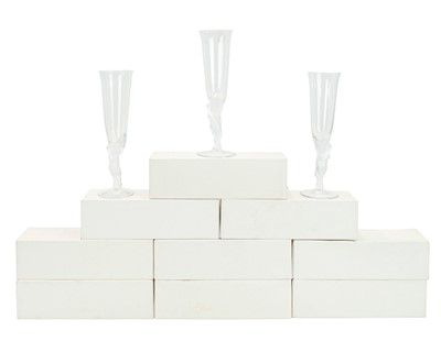 Lot 342 - A set of twelve 'kissing dove' champagne flutes.