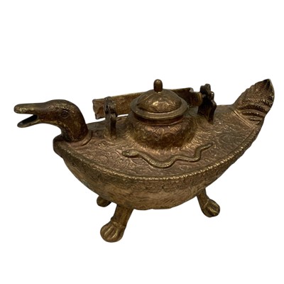 Lot 92 - A large Zoomorphic Brass duck vessel with a...