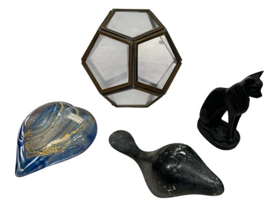 Lot 96 - Gozo signed Glass heart, Egyptian stone cat,...