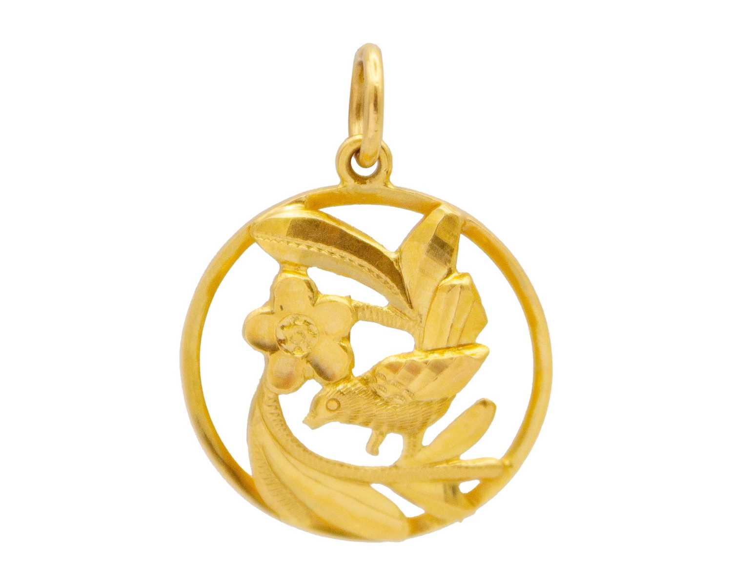 Lot 29 - A high-purity gold embossed and carved bird and flower pendant.