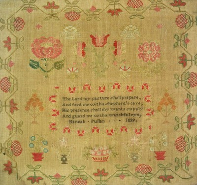 Lot 581 - An early Victorian woolwork sampler by Hannah Pulhan, 1839.