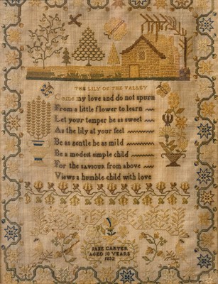 Lot 557 - A William IV silkwork sampler by Jane Carter, aged 10 years, 1832.