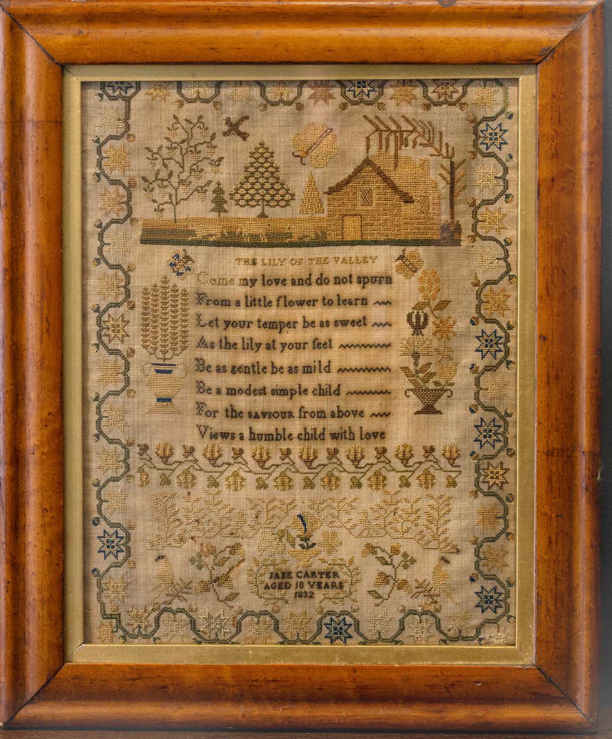Lot 557 - A William IV silkwork sampler by Jane Carter, aged 10 years, 1832.