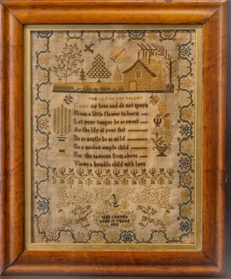 Lot 557 - A William IV silkwork sampler by Jane Carter, aged 10 years, 1832.