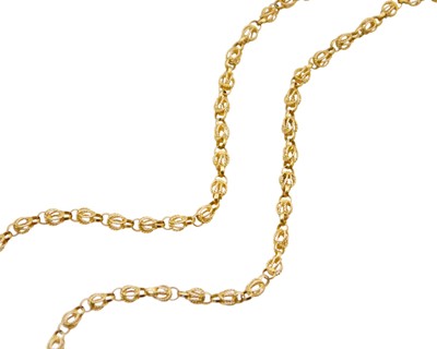 Lot 113 - A high-purity gold, fancy-link, longuard chain.